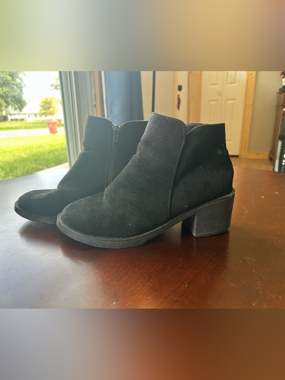 Black Suede Ankle Booties with Low Block Heel